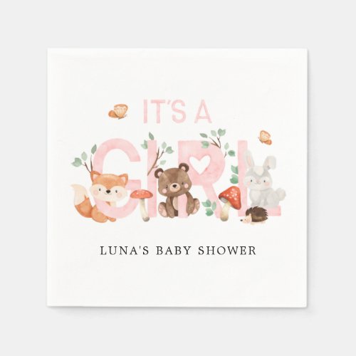 Its a Girl Woodland Baby Shower Personalized Napkins