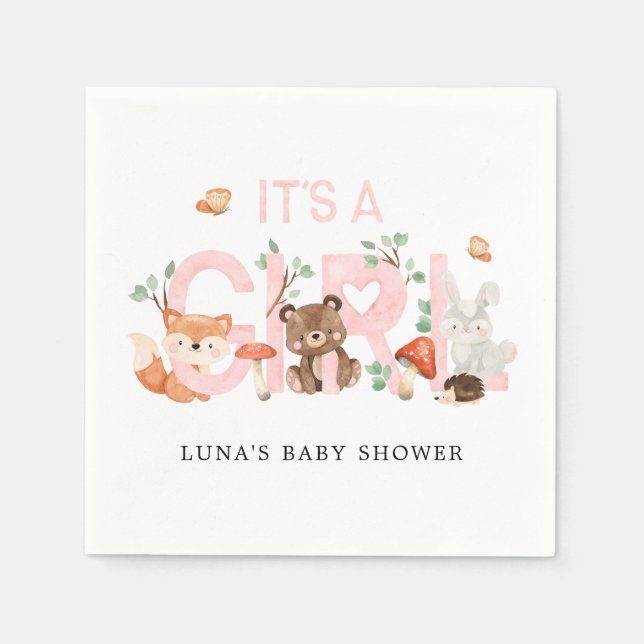 It's a Girl Woodland Baby Shower Personalized Napkins (Front)