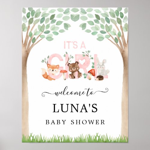 Its a Girl Woodland Baby Shower Welcome Poster