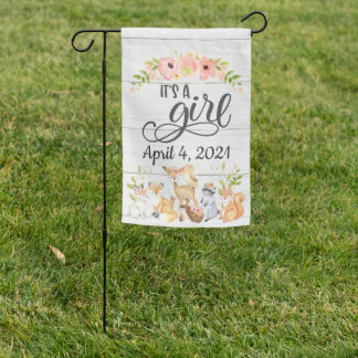 It's a Girl Woodland Creatures Birth Announcement Garden Flag