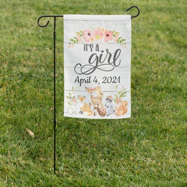 It's a Girl Woodland Creatures Birth Announcement Garden Flag (In SItu)
