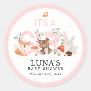 It's a Girl Woodland Pink Baby Shower Classic Roun Classic Round Sticker