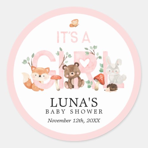 Its a Girl Woodland Pink Baby Shower Classic Roun Classic Round Sticker
