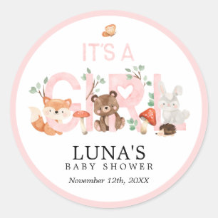 It's a Girl Woodland Pink Baby Shower Classic Roun Classic Round Sticker