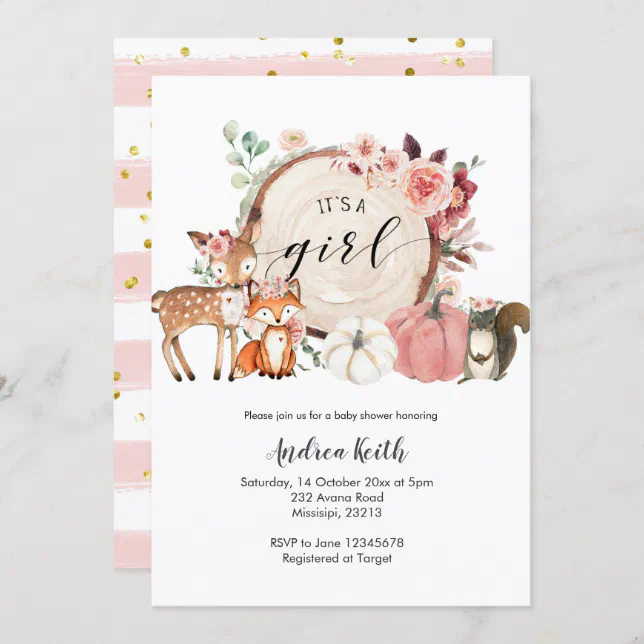 it's a girl woodland pumpkin baby shower invitation | Zazzle