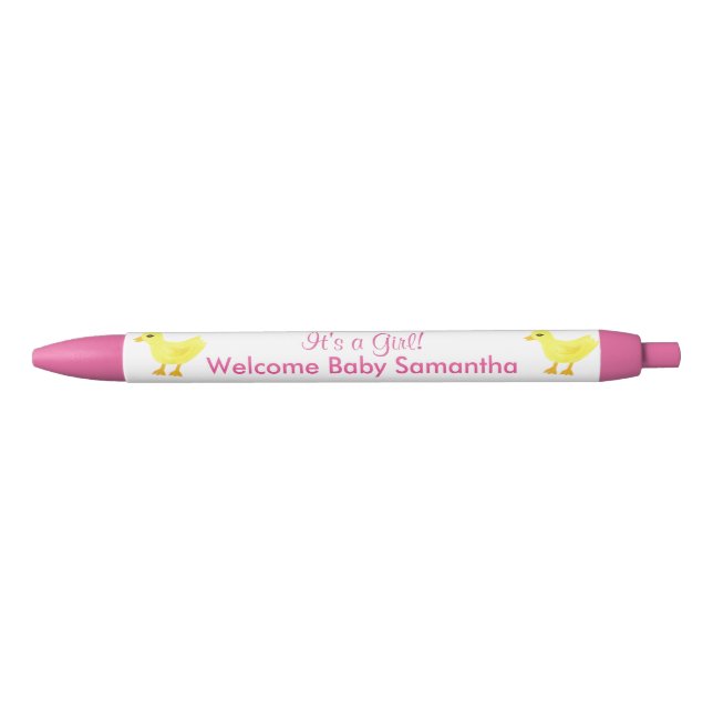It's A Girl Yellow Ducky Pink White Announcements Pen (Front)