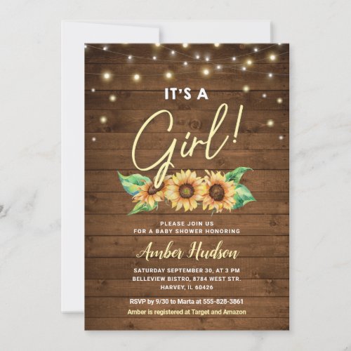 Its a Girl Yellow Sunflower Baby Shower Sprinkle Invitation