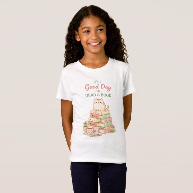 It's a Good Day to Read a Book Cute Cat Reading T-Shirt (Front Full)