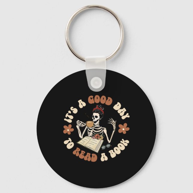 It's A Good Day To Read A Book Skeleton Groovy Hal Keychain (Front)