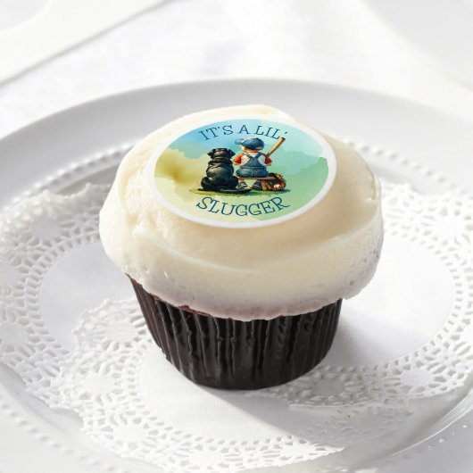 It's a Lil' Slugger | Boy's Baby Shower Edible Frosting Rounds (Cupcake)