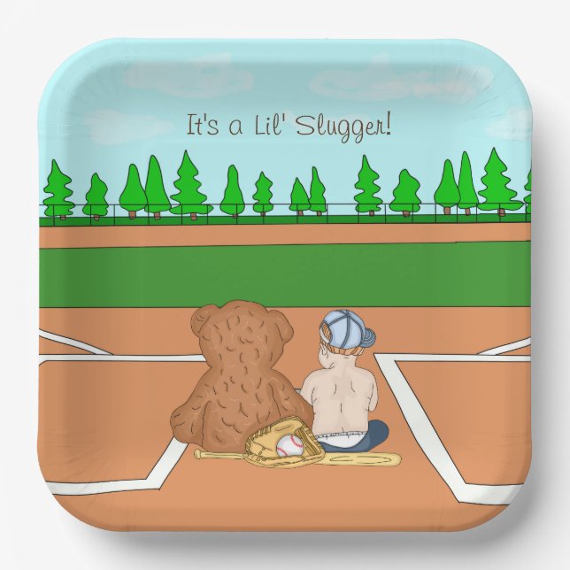 It's a Lil' Slugger Boy's Baseball Baby Shower Paper Plates (Front)