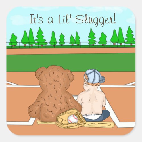 Its a Lil Slugger Boys Baseball Baby Shower  Square Sticker