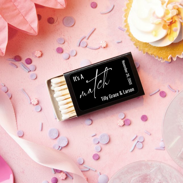 It's A Match! Modern Handwriting Typography Black Matchboxes (Insitu)