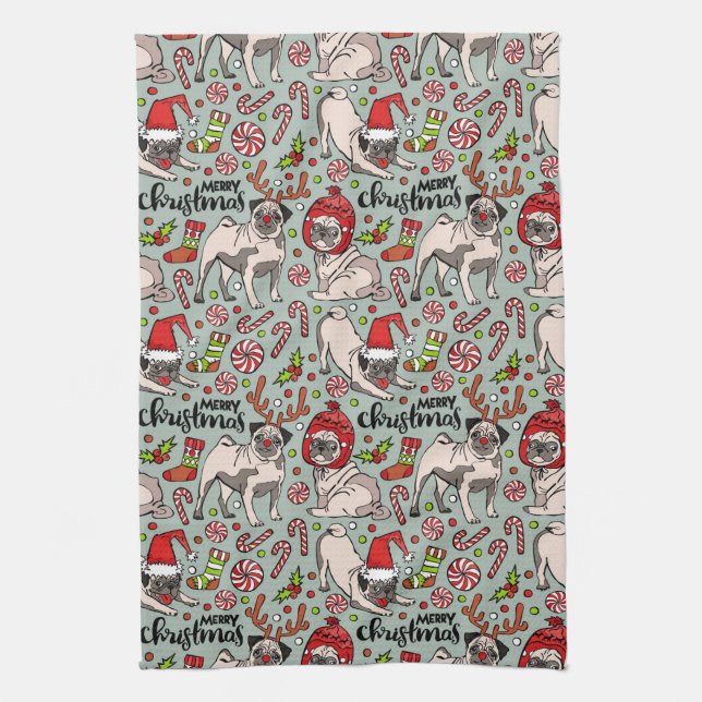 It's A Merry Pug Christmas Pattern Kitchen Towel (Vertical)