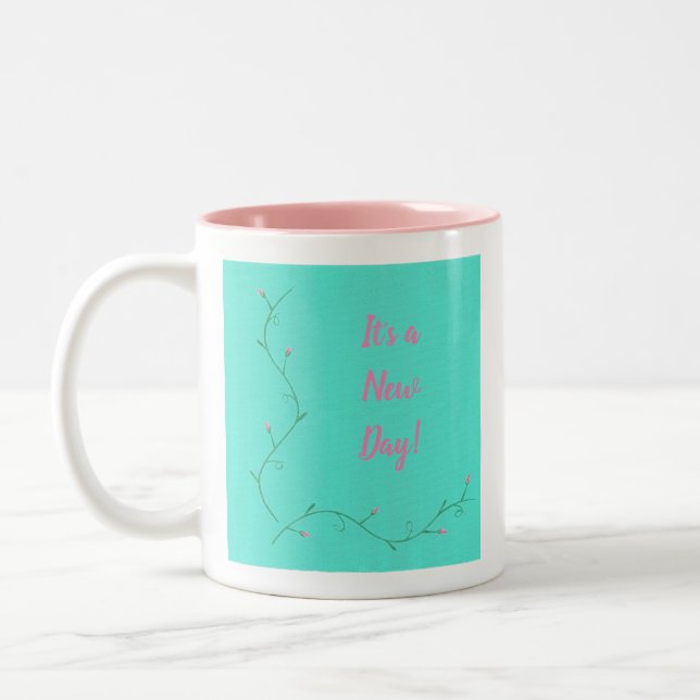 It's a New Day Pink Flower Buds Affirmation Two-Tone Coffee Mug (Left)