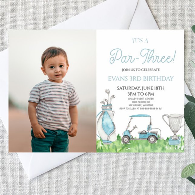 It's A Par-Three! Blue Golf 3rd Birthday Party Invitation (Creator Uploaded)