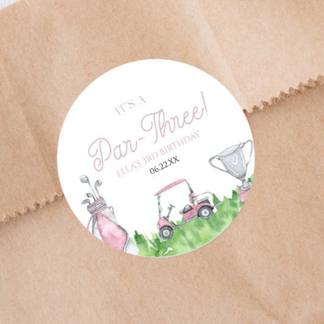 It's A Par-Three Pink Golf 3rd Birthday Party Classic Round Sticker (Creator Uploaded)