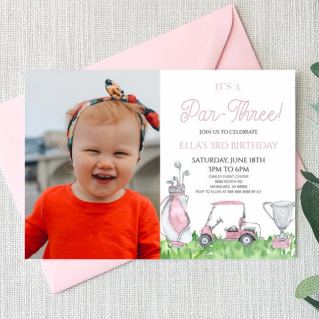 It's A Par-Three! Pink Golf 3rd Birthday Party Invitation (Creator Uploaded)