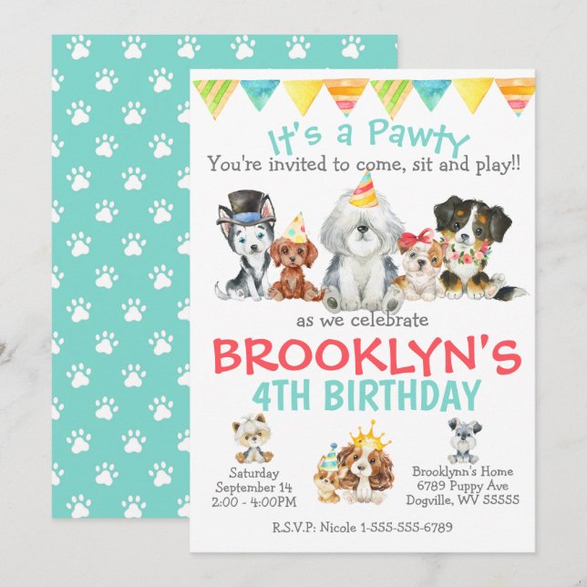 It's a Pawty Puppy Party Birthday Invitation (Front/Back)
