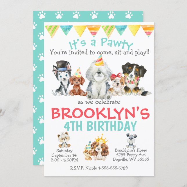 It's a Pawty Puppy Party Birthday Invitation (Front/Back)
