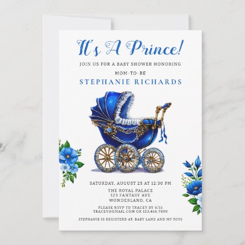 Its A Prince Blue Stroller Baby Shower Invitation