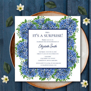 Its a Surprise 100th Birthday Party Blue Hydrangea Invitation