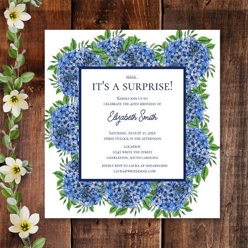 Its a Surprise 40th Birthday Party Blue Hydrangea Invitation