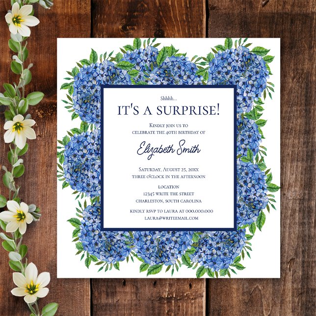 It's a Surprise 40th Birthday Party Blue Hydrangea Invitation (Front)