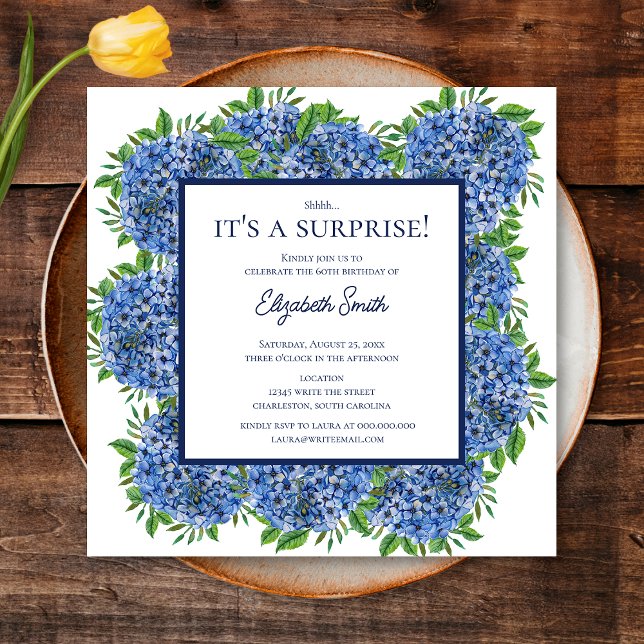 It's a Surprise 60th Birthday Party Blue Hydrangea Invitation (Front)