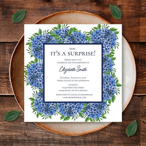 Its a Surprise 70th Birthday Party Blue Hydrangea Invitation