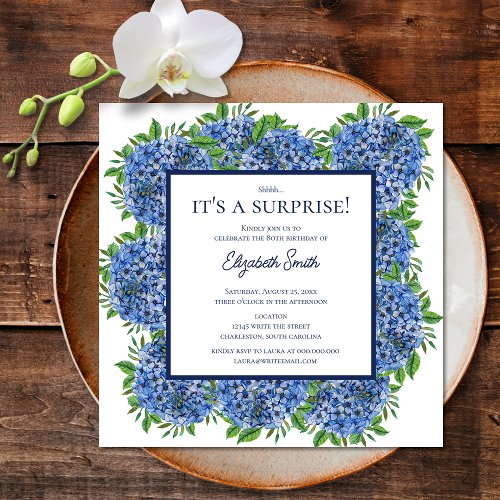 Its a Surprise 80th Birthday Party Blue Hydrangea Invitation