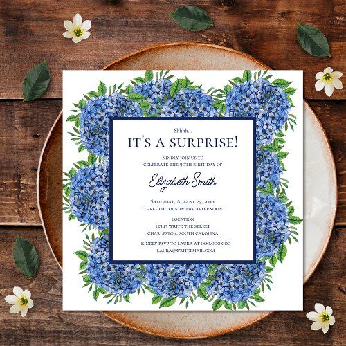Its a Surprise 90th Birthday Party Blue Hydrangea Invitation