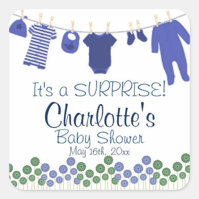 It's a SURPRISE! Baby Clothesline Baby Shower Square Sticker (Front)