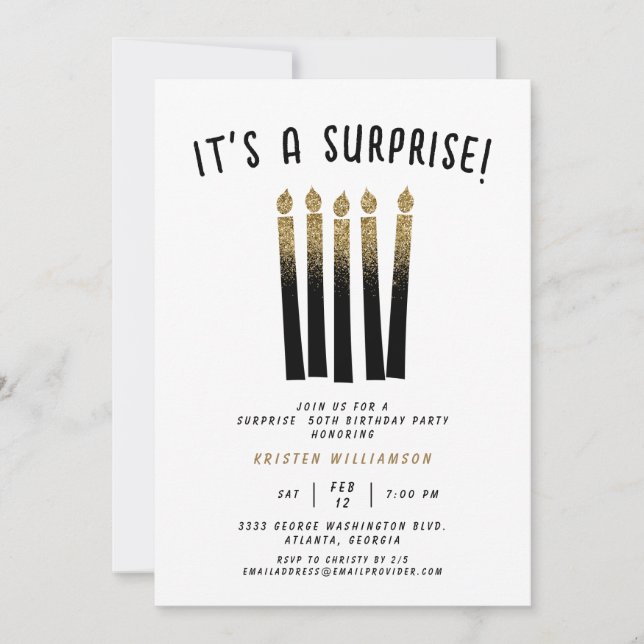 It's a Surprise Birthday Black Gold Glitter 50th Invitation (Front)