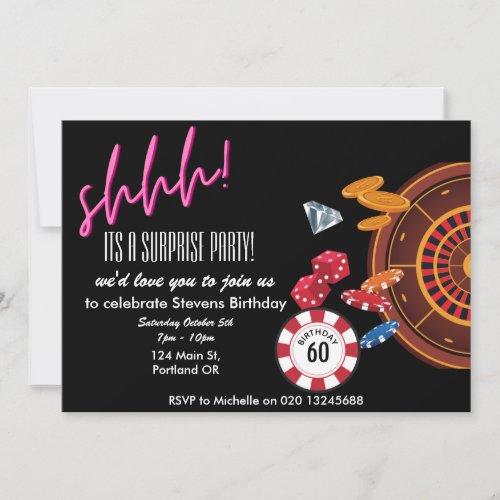 its a surprise casino vegas theme birthday  invitation