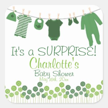 It's A Surprise! Clothesline Baby Shower Square Sticker by LaBebbaDesigns at Zazzle