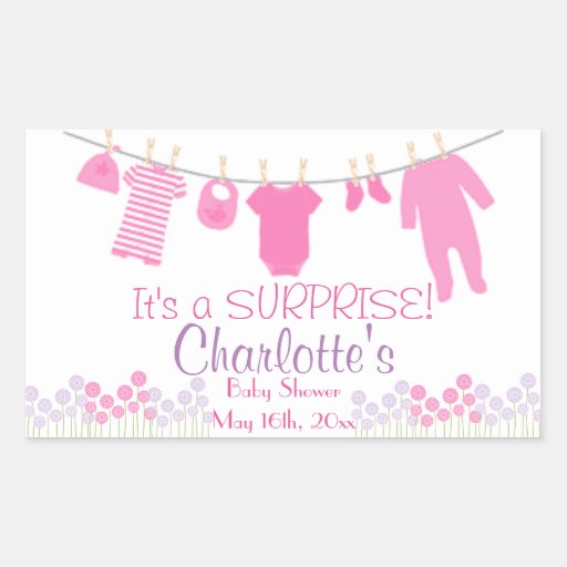 It's A SURPRISE! Pink Clothesline Baby Shower Rectangular Sticker | Zazzle