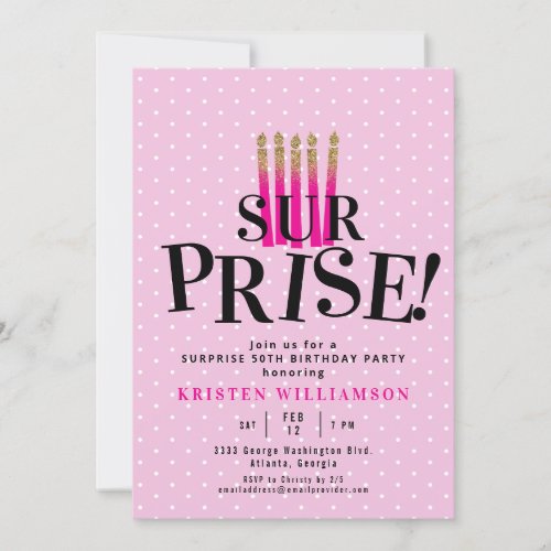 Its a Surprise Pink Gold Glitter 50th Birthday Invitation