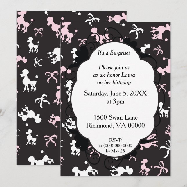 It's A Surprise Poodle Themed Birthday Invitation (Front/Back)