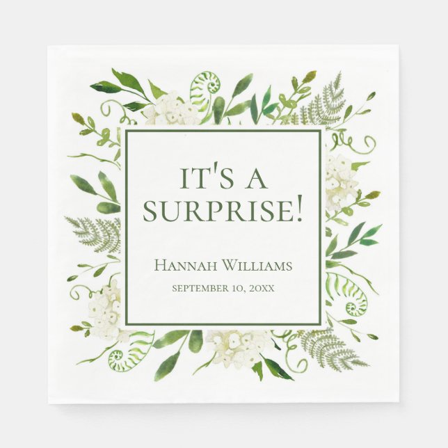 It's A Surprise White Hydrangeas Baby Shower Napkins (Front)