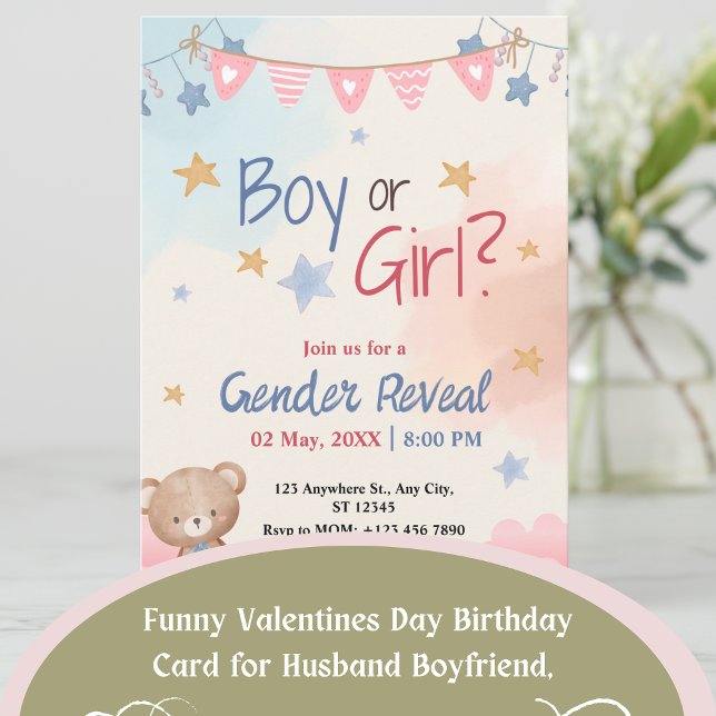 It's a Teddy Bear Bash! Watercolor Gender Reveal Invitation (Teddy Bear Gender Reveal Invitation)