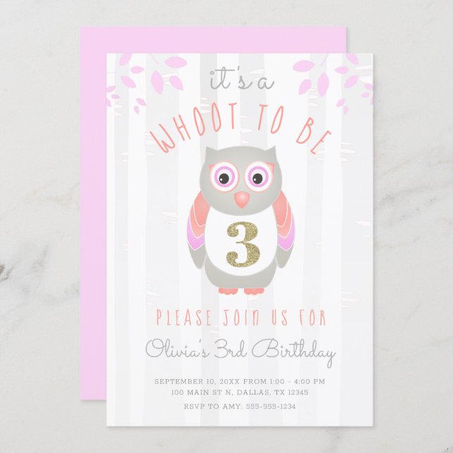 It's a Whoot to be Three Woodland Owl 3rd Birthday Invitation (Front/Back)