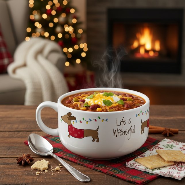 It's a Wienerful Life Dachshund Christmas Soup Mug (Life is Wienerful dachshund stealing Christmas tree lights bowl mug with a handle)