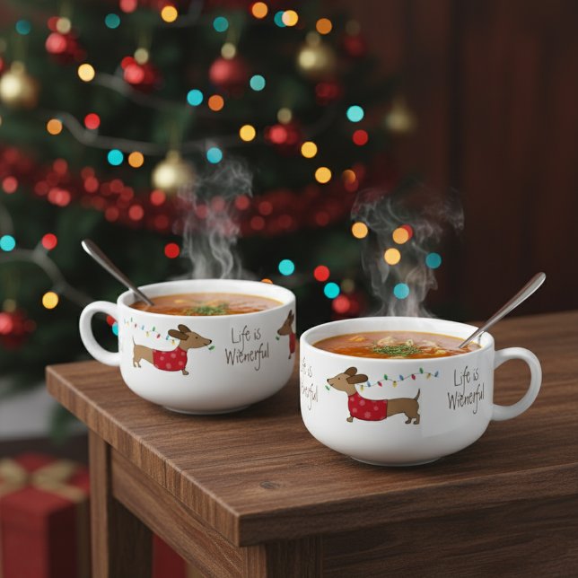 It's a Wienerful Life Dachshund Christmas Soup Mug (Life is wienerful - playful Christmas dachshund soup bowls with handles)