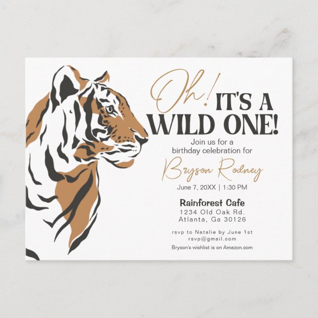 Its a wild one jungle tiger first birthday invite (Front)