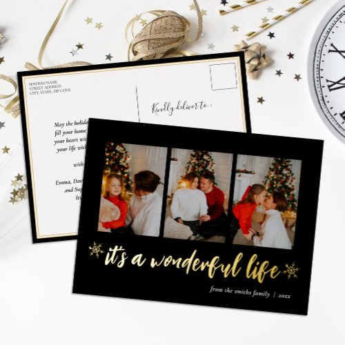 Its A Wonderful Life Black Gold Christmas Photo Foil Holiday Postcard