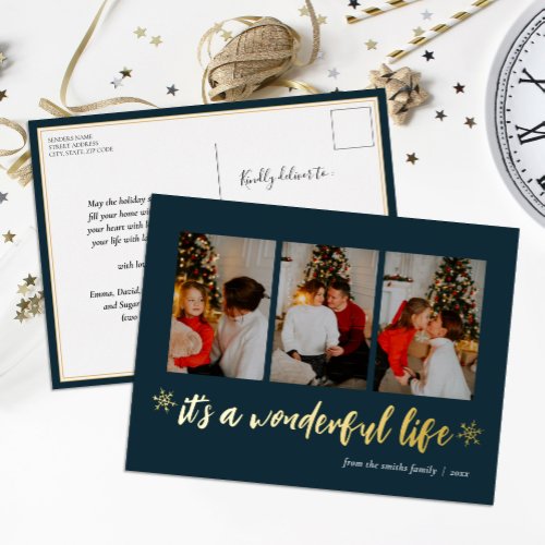 Its A Wonderful Life Blue Gold Christmas Photo Foil Holiday Postcard