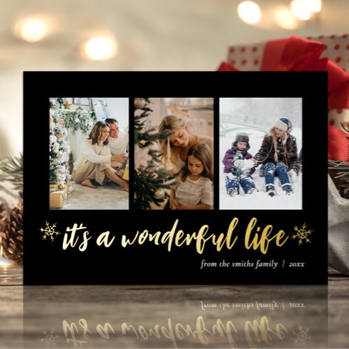 Its A Wonderful Life Gold Black Christmas Photo Foil Holiday Card