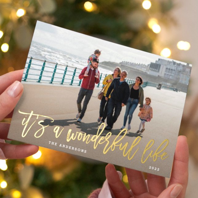 it's a wonderful life gold brush photo foil holiday card (Creator Uploaded)