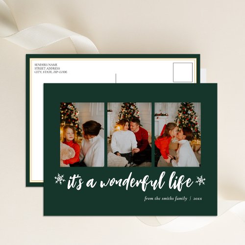 Its A Wonderful Life Green Christmas 3 Photo Holiday Postcard